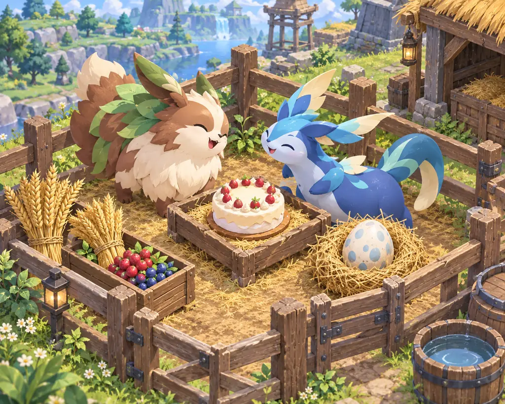 Illustrazione di fattoria Palworld con Pal, torta, ingredienti e uovo