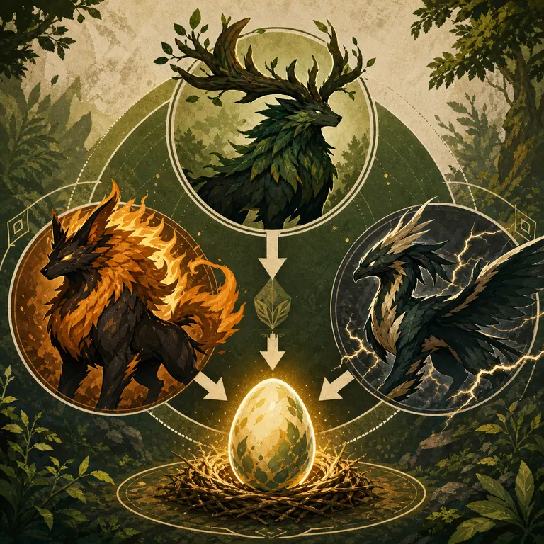 Illustrative diagram of several Pal breeding paths converging on an egg