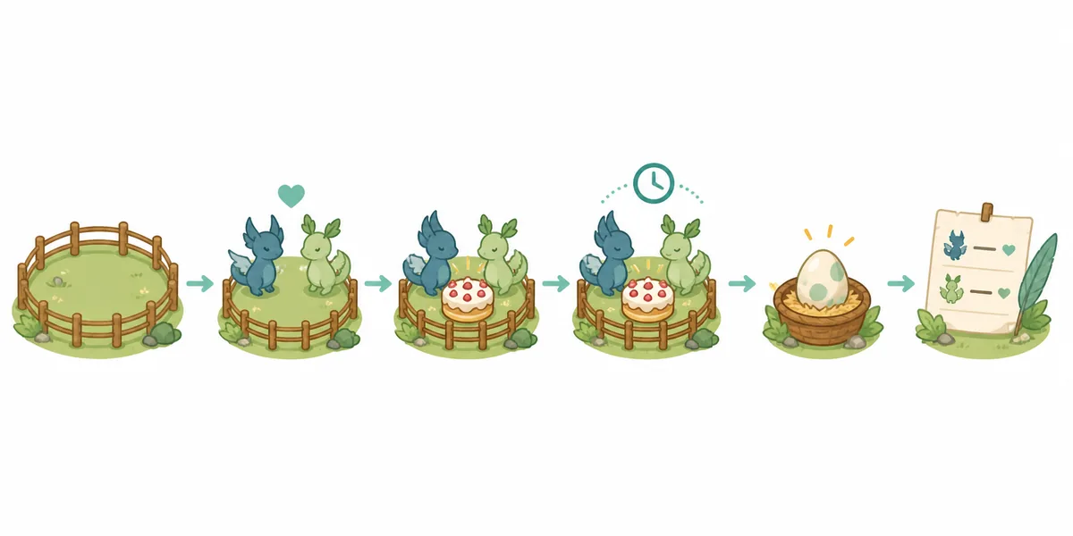 Editorial workflow diagram for placing a Palworld breeding farm, assigning parents, adding Cake, and collecting an Egg