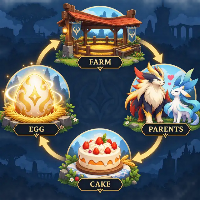 Illustration des Palworld-Zuchtzyklus mit Farm, Eltern, Kuchen und Ei