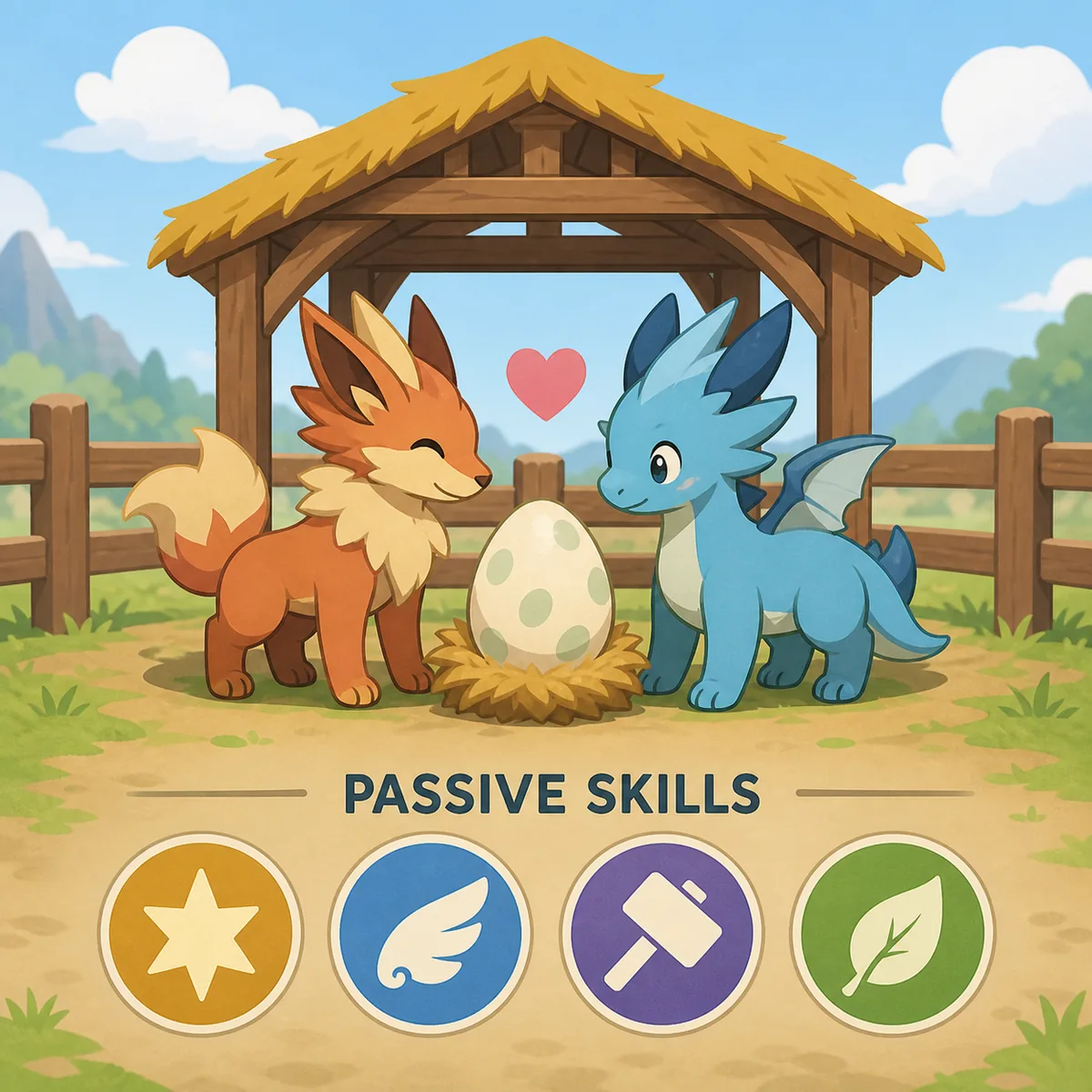 Illustrative Palworld breeding scene showing two parents, an egg, and passive skill symbols