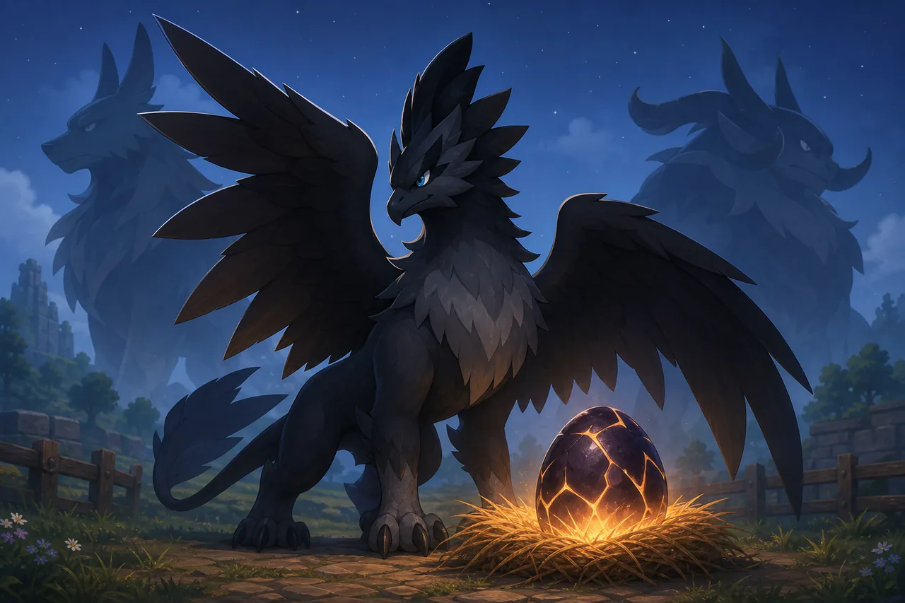 Illustrazione di un Pal scuro simile a un grifone accanto a un uovo per una guida all'allevamento di Shadowbeak
