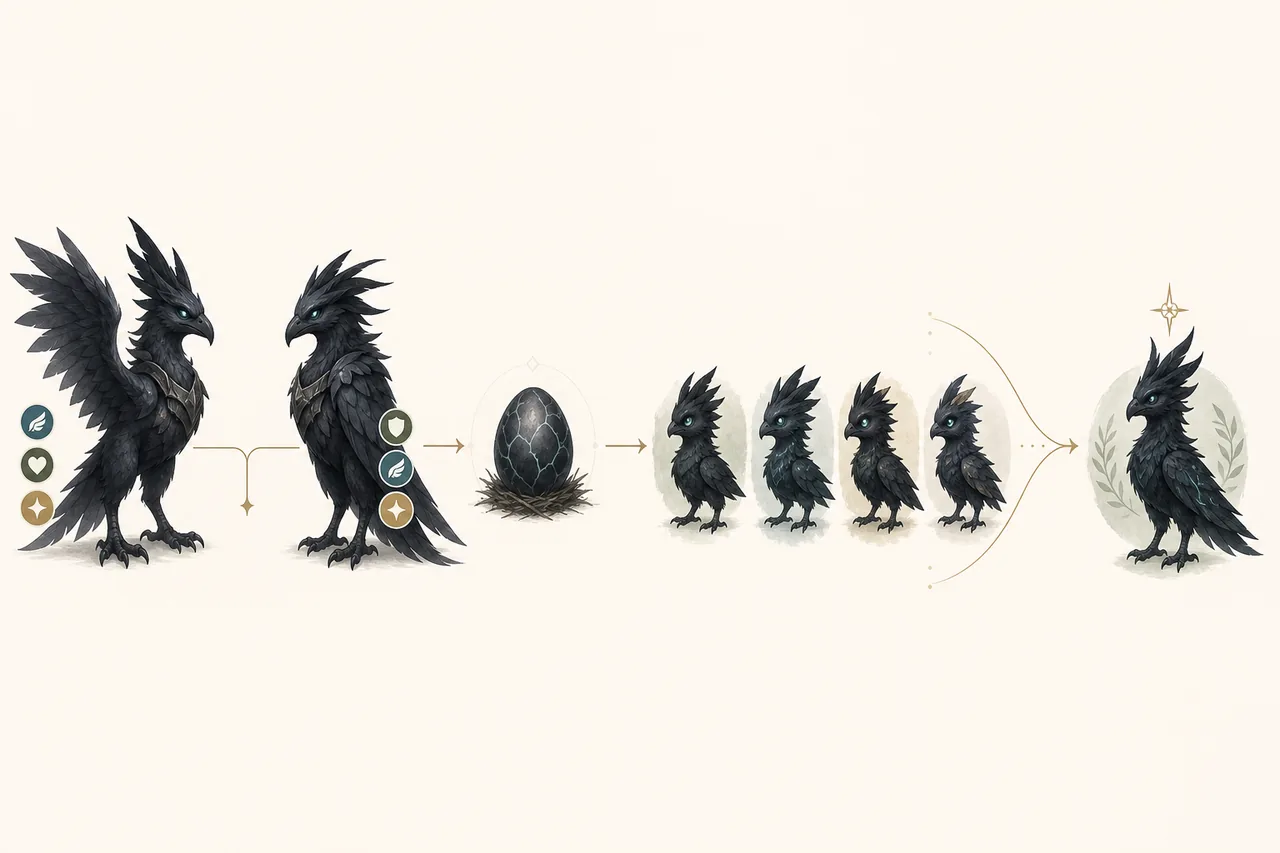 Flusso editoriale da genitori Shadowbeak a un uovo e alla selezione di un portatore con passive più pulite